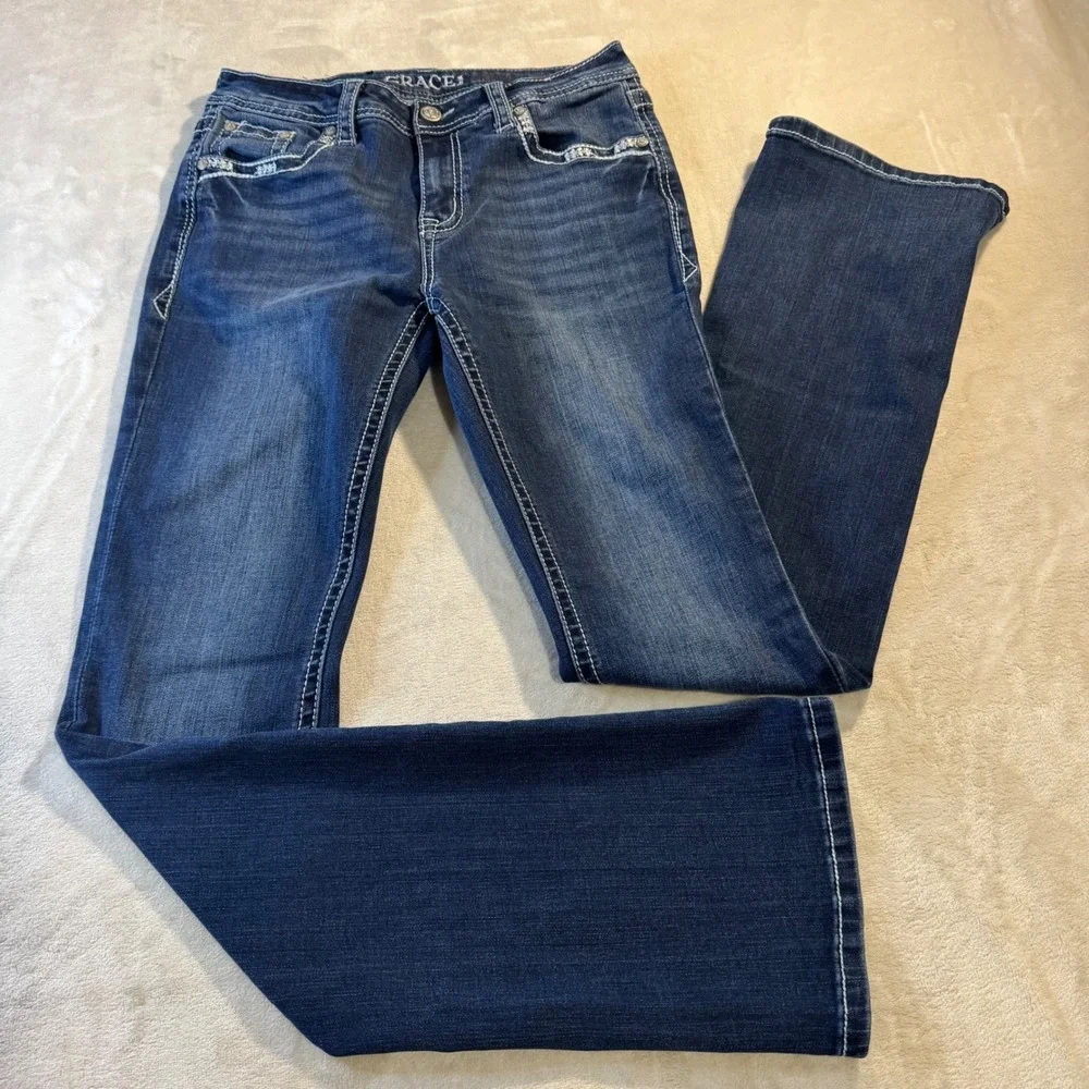 Grace in LA Womens Bootcut Jeans Dark Wash Horseshoe Embellished Size 28 Bling